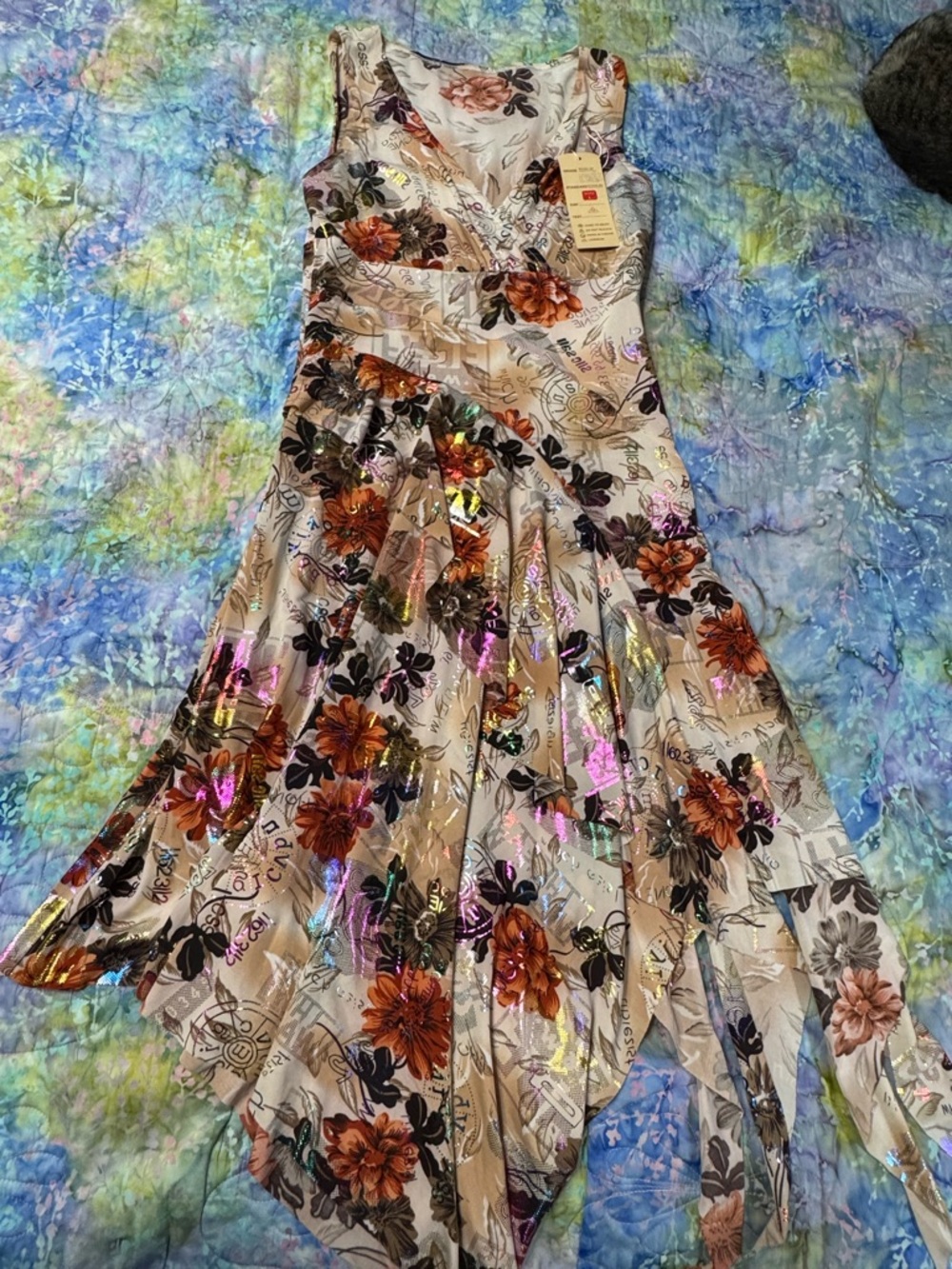 Floral Iridescent Handkerchief Hem Dress - Beige with Orange & Black Flowers